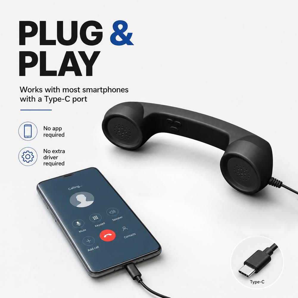 Retro Handset Phone - Typ-C Retro-Telefonhörer, Retro-Telefonhörer, Strahlungsschutz-Handtelefonhörer für Mobiltelefone