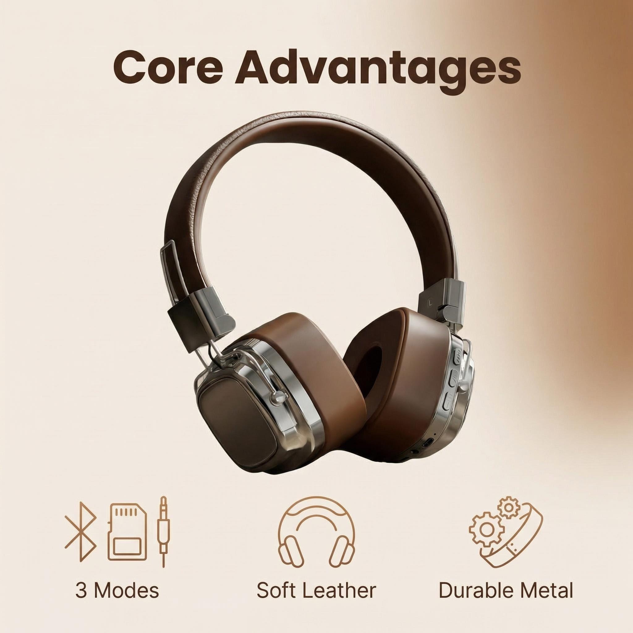 Retro Handset Phone - Retro-Leder-Over-Ear-Kopfhörer, kabellos, Bluetooth 5.3, faltbar, mit